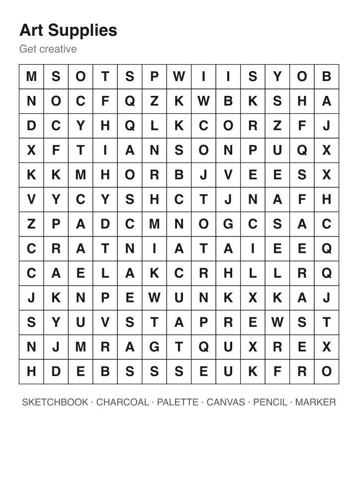Art Supplies word search puzzle, 13 by 13 grid