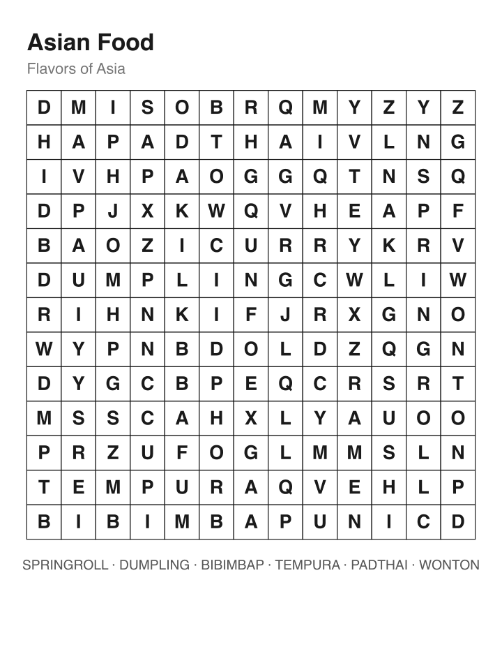 Asian Food word search puzzle, 13 by 13 grid