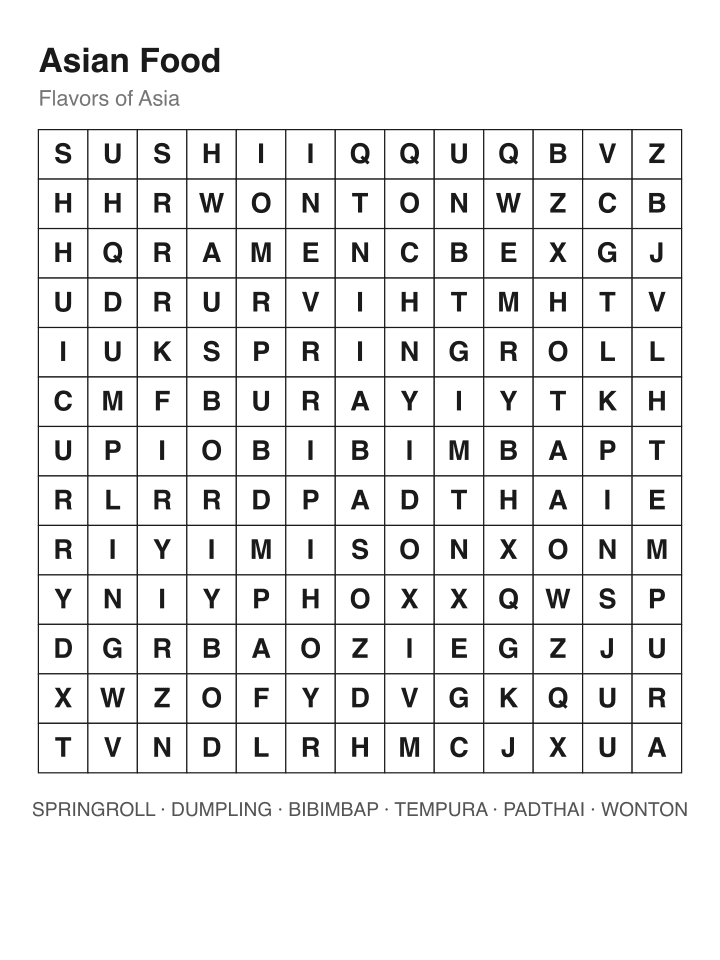 Asian Food word search puzzle, 13 by 13 grid