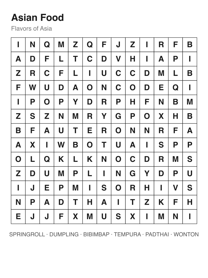 Asian Food word search puzzle, 13 by 13 grid
