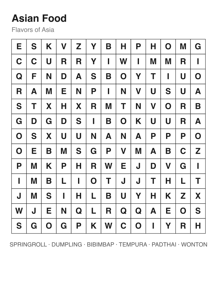 Asian Food word search puzzle, 13 by 13 grid