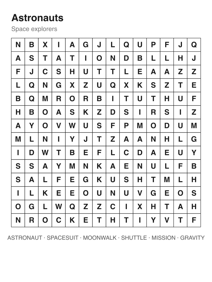 Astronauts word search puzzle, 14 by 14 grid