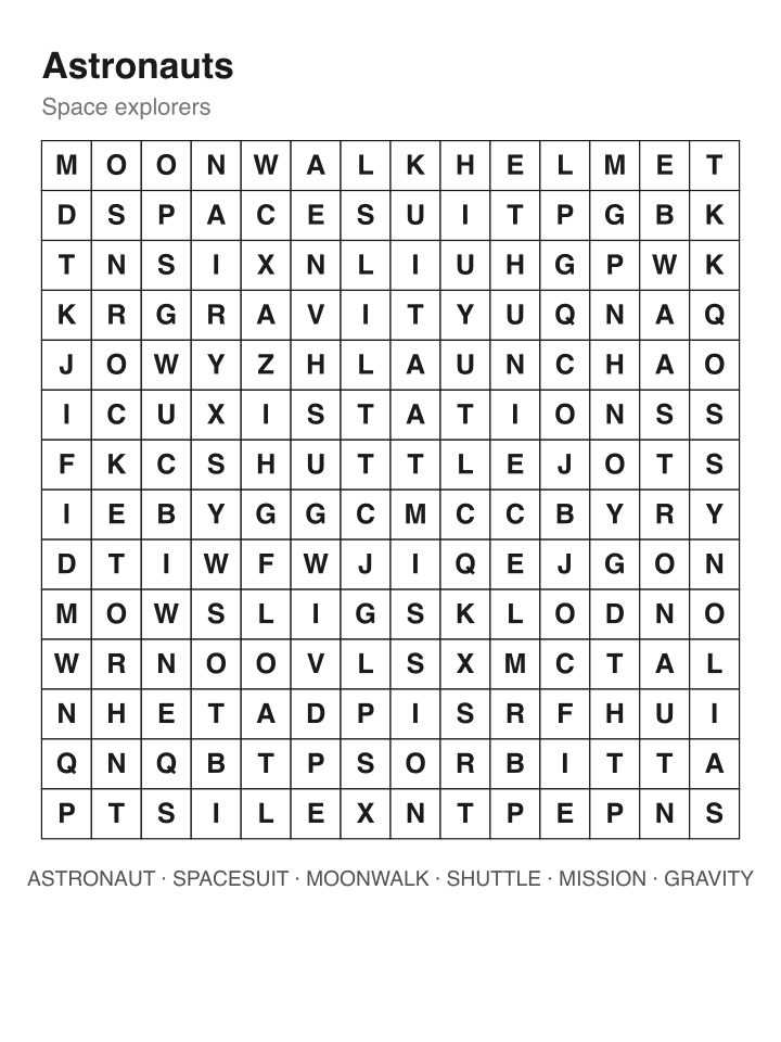 Astronauts word search puzzle, 14 by 14 grid