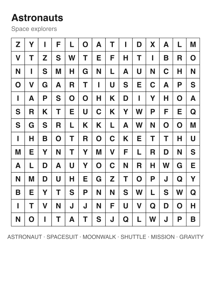 Astronauts word search puzzle, 14 by 14 grid