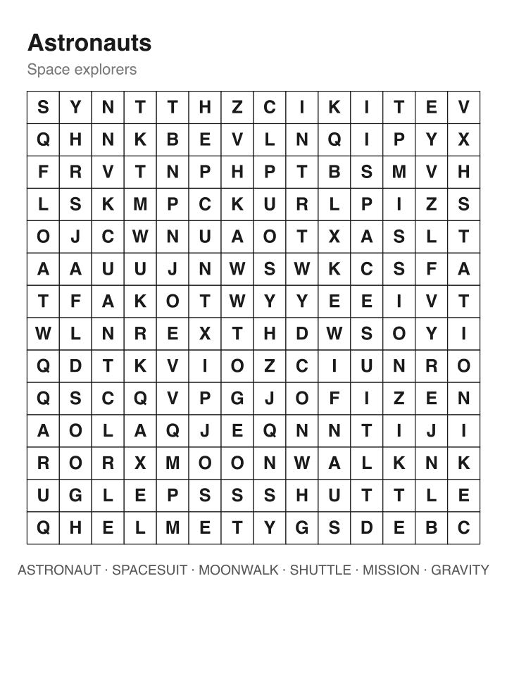 Astronauts word search puzzle, 14 by 14 grid