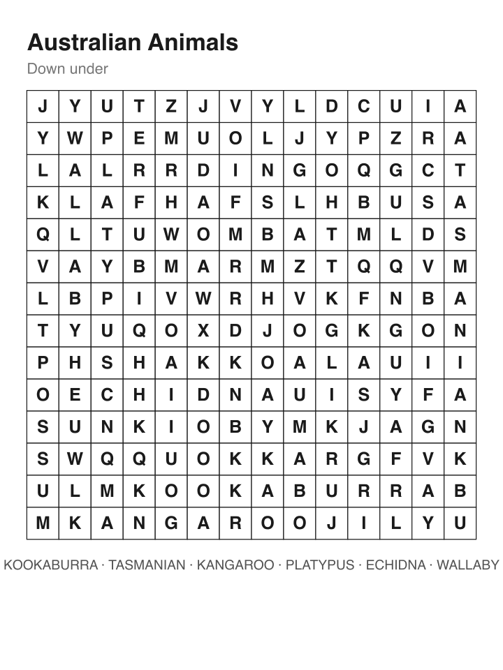 Australian Animals word search puzzle, 14 by 14 grid