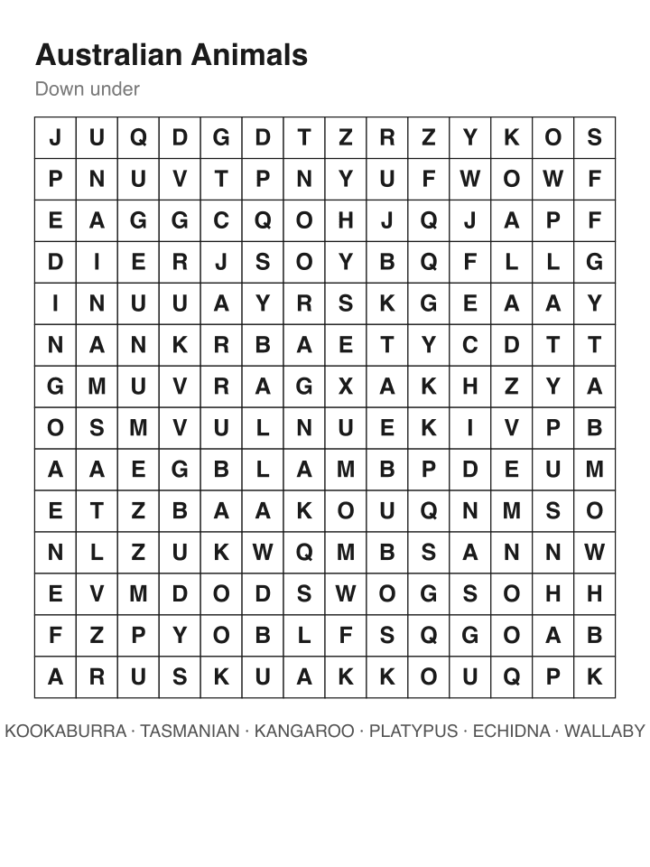 Australian Animals word search puzzle, 14 by 14 grid