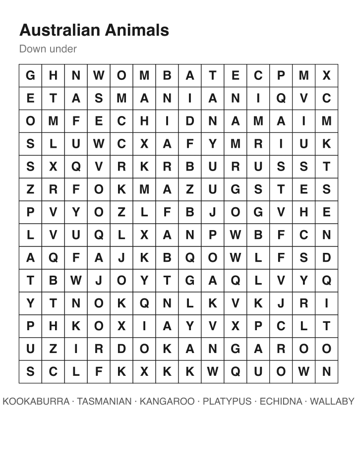 Australian Animals word search puzzle, 14 by 14 grid