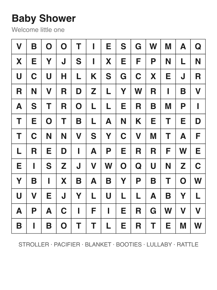 Baby Shower word search puzzle, 13 by 13 grid