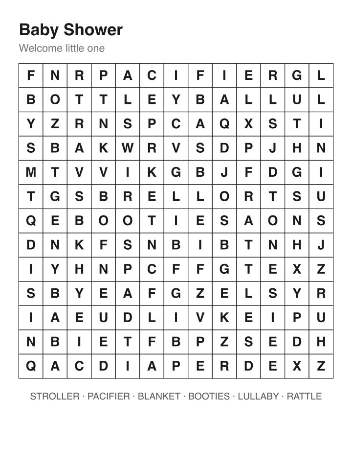 Baby Shower word search puzzle, 13 by 13 grid