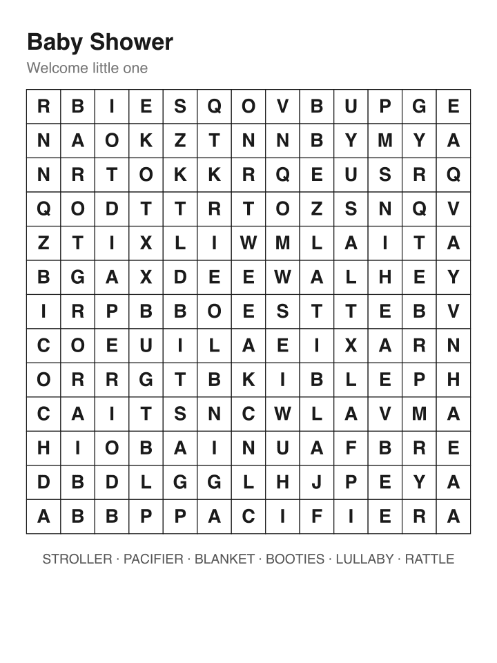 Baby Shower word search puzzle, 13 by 13 grid