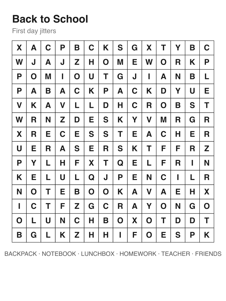 Back to School word search puzzle, 14 by 14 grid