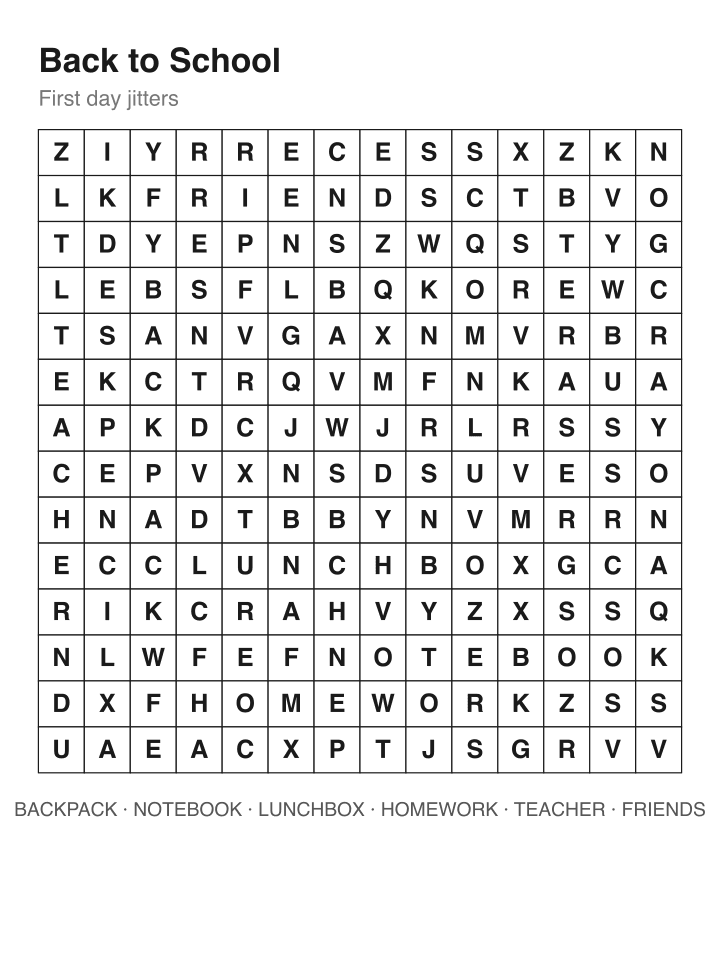 Back to School word search puzzle, 14 by 14 grid
