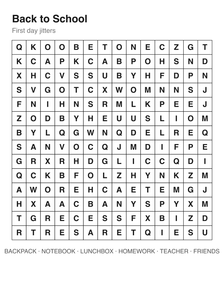 Back to School word search puzzle, 14 by 14 grid