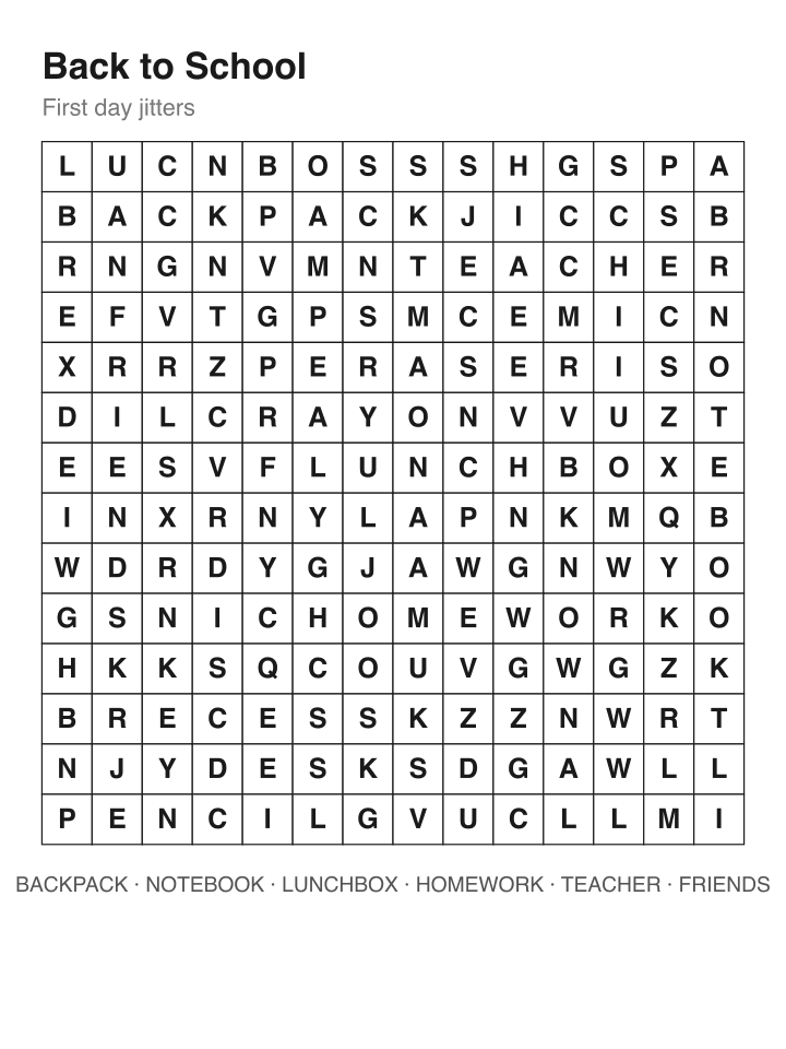 Back to School word search puzzle, 14 by 14 grid