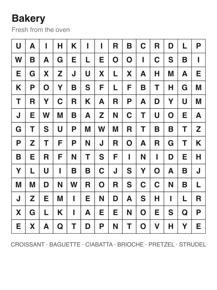 Bakery word search puzzle, 14 by 14 grid