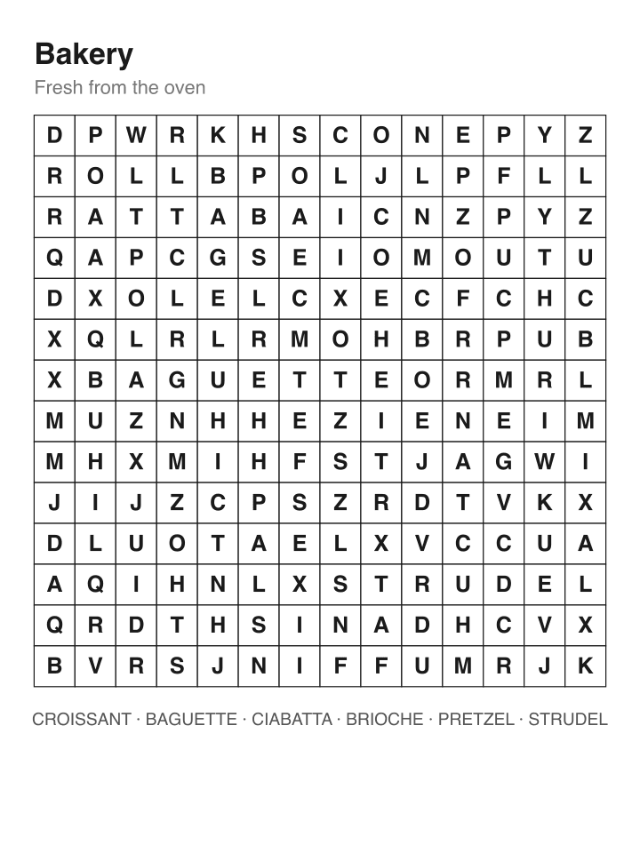 Bakery word search puzzle, 14 by 14 grid