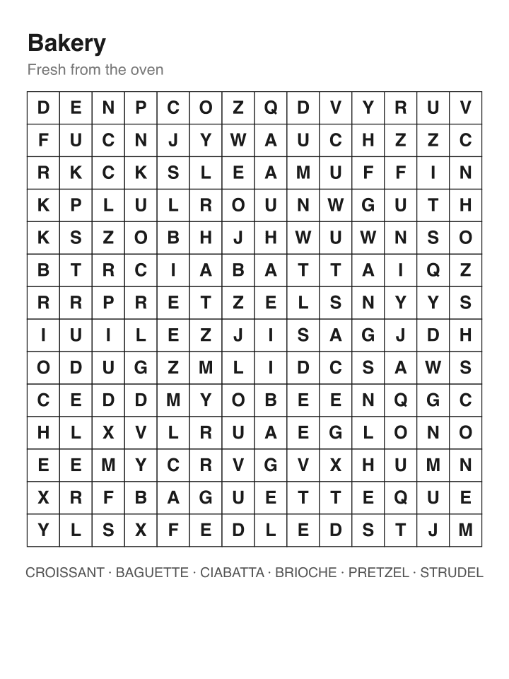 Bakery word search puzzle, 14 by 14 grid