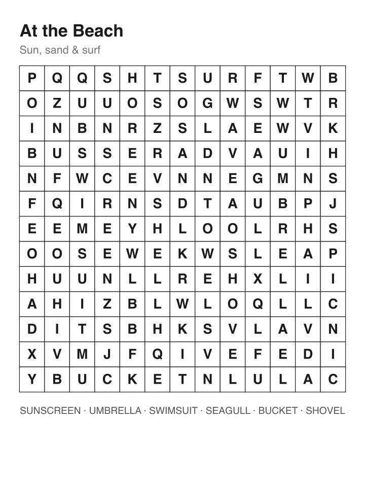 At the Beach word search puzzle, 13 by 13 grid