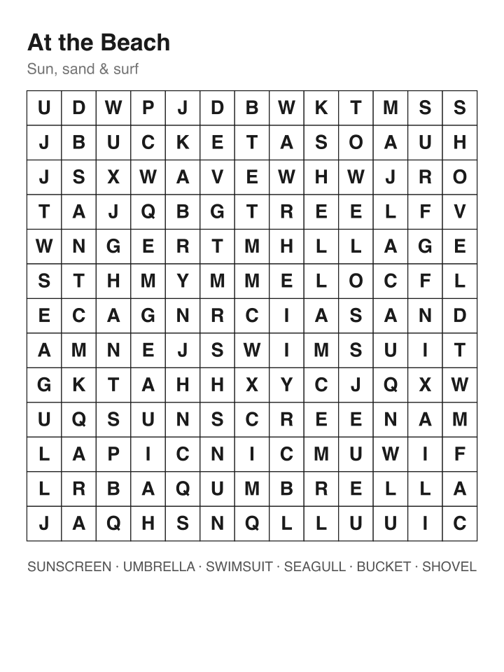At the Beach word search puzzle, 13 by 13 grid