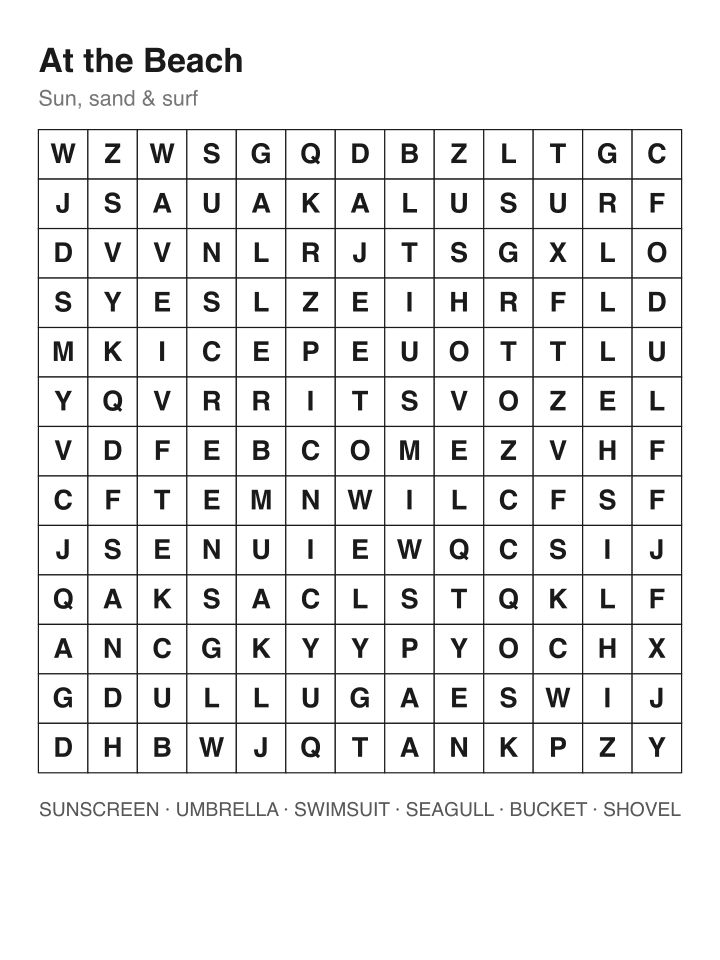 At the Beach word search puzzle, 13 by 13 grid