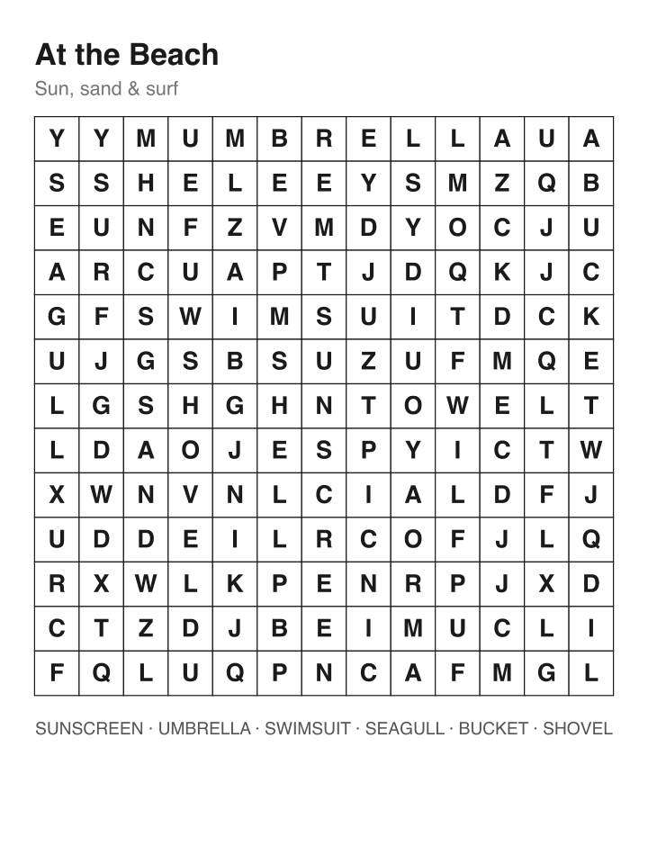 At the Beach word search puzzle, 13 by 13 grid