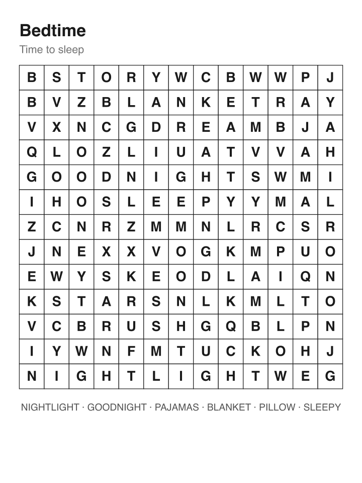 Bedtime word search puzzle, 13 by 13 grid