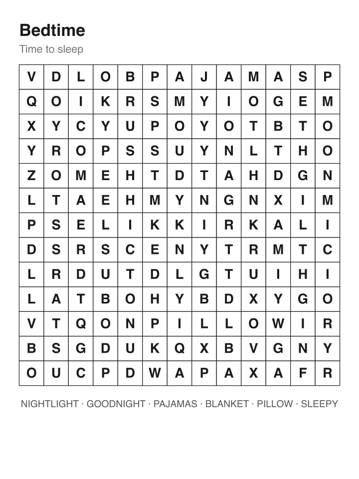 Bedtime word search puzzle, 13 by 13 grid