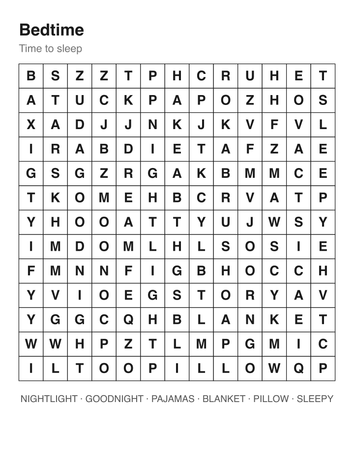 Bedtime word search puzzle, 13 by 13 grid