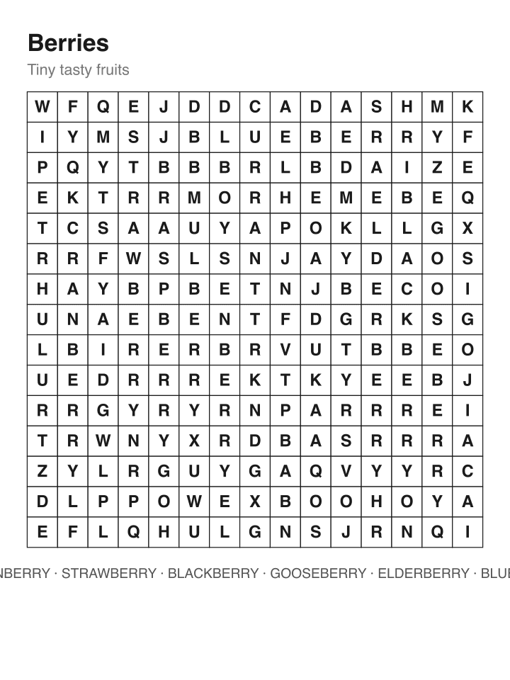 Berries word search puzzle, 15 by 15 grid