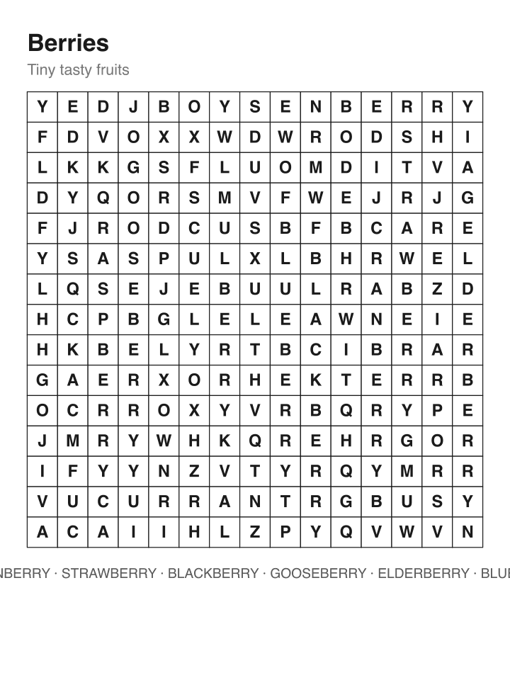 Berries word search puzzle, 15 by 15 grid