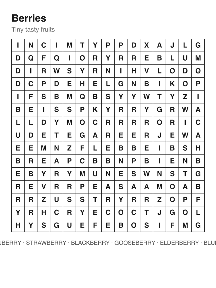 Berries word search puzzle, 15 by 15 grid