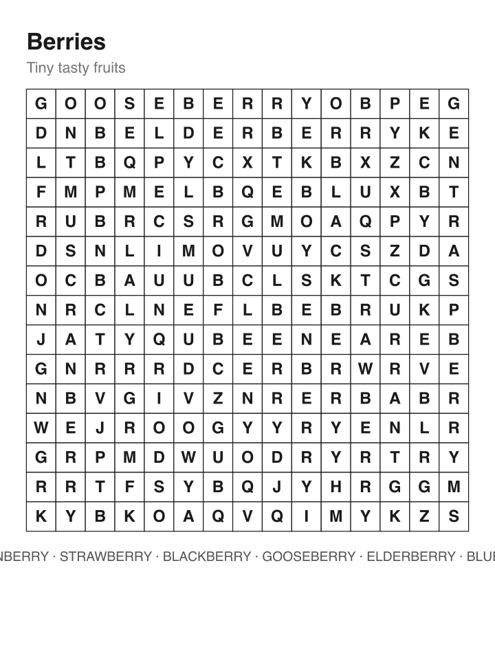 Berries word search puzzle, 15 by 15 grid