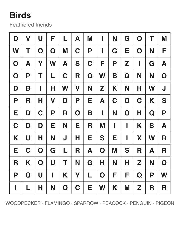 Birds word search puzzle, 13 by 13 grid