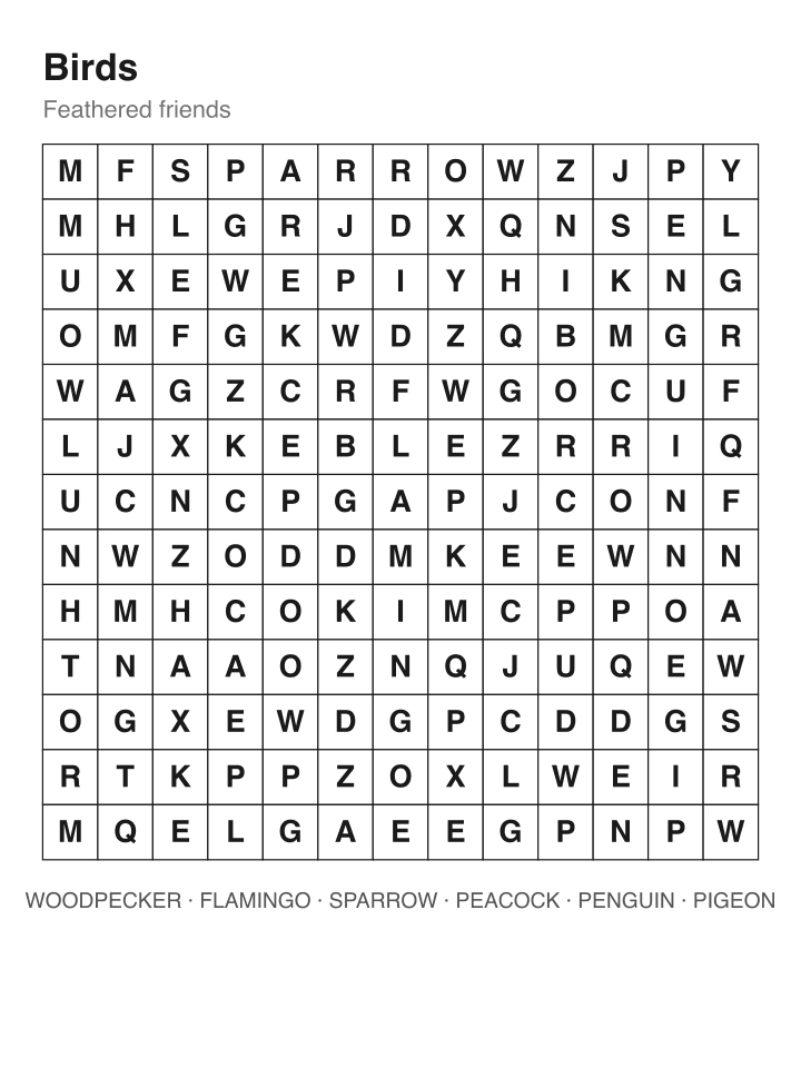 Birds word search puzzle, 13 by 13 grid