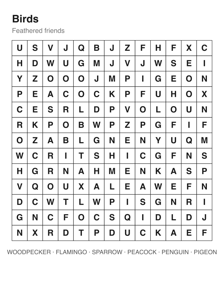 Birds word search puzzle, 13 by 13 grid