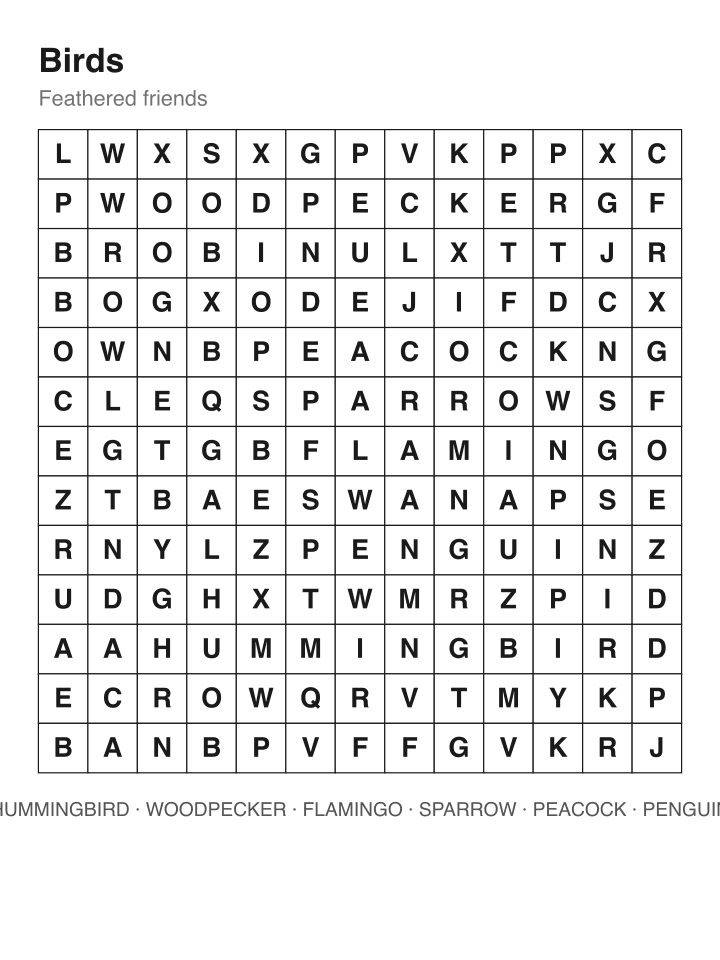 Birds word search puzzle, 13 by 13 grid