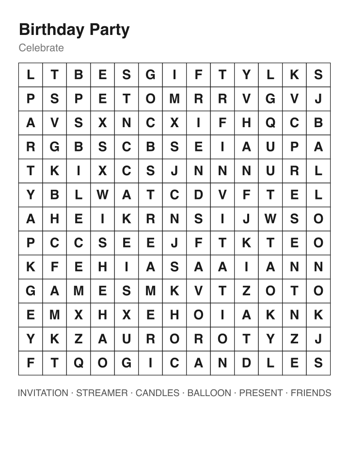 Birthday Party word search puzzle, 13 by 13 grid