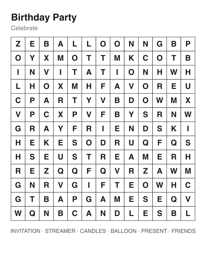 Birthday Party word search puzzle, 13 by 13 grid