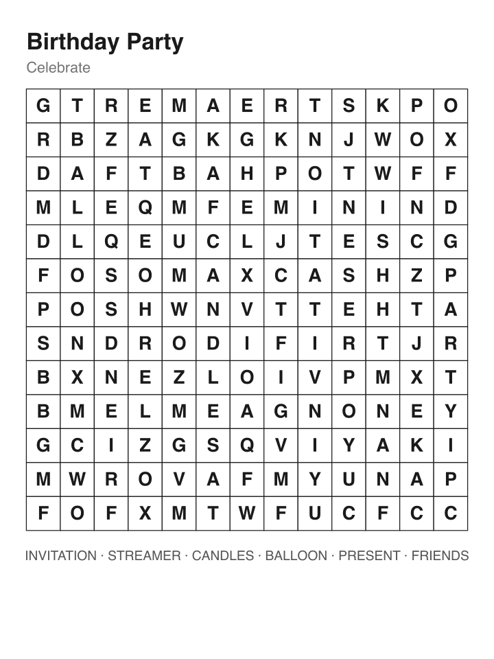 Birthday Party word search puzzle, 13 by 13 grid