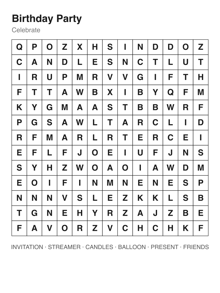 Birthday Party word search puzzle, 13 by 13 grid
