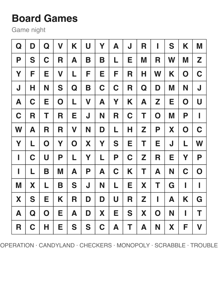 Board Games word search puzzle, 14 by 14 grid