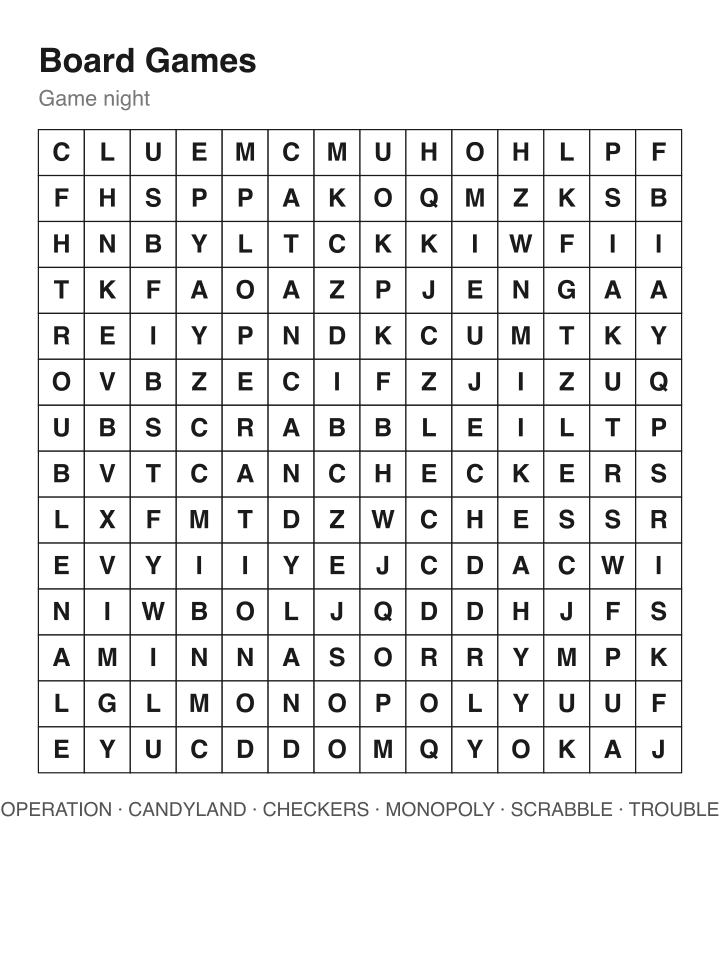 Board Games word search puzzle, 14 by 14 grid