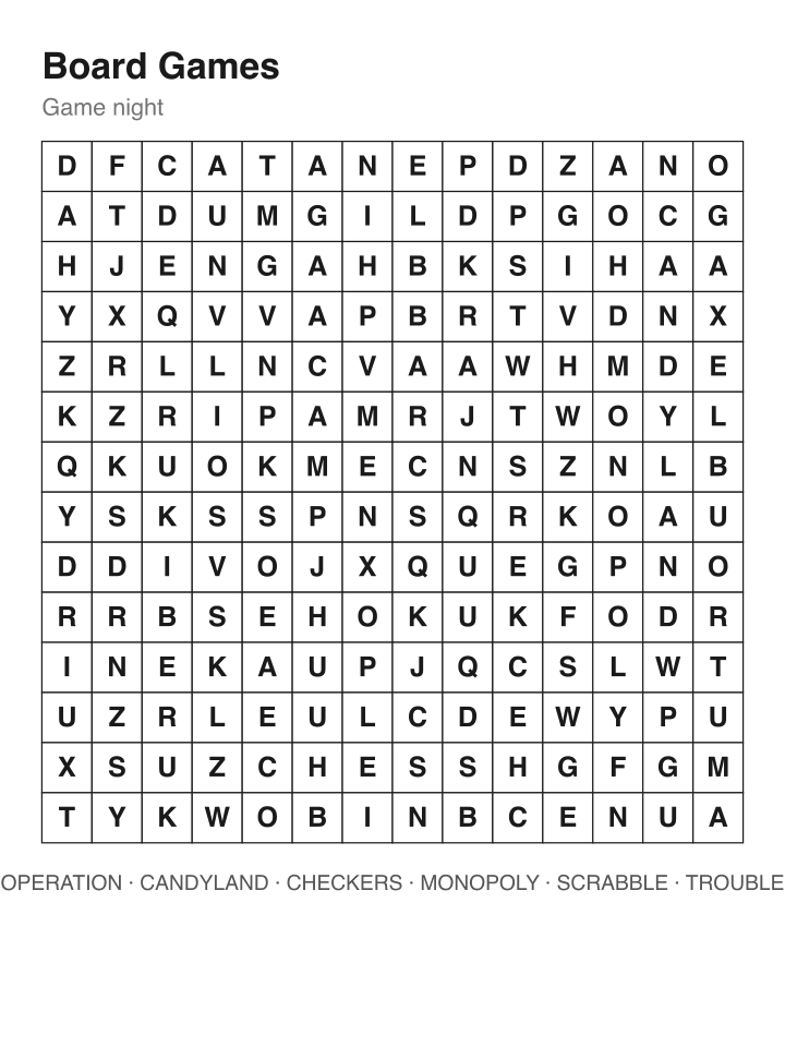Board Games word search puzzle, 14 by 14 grid