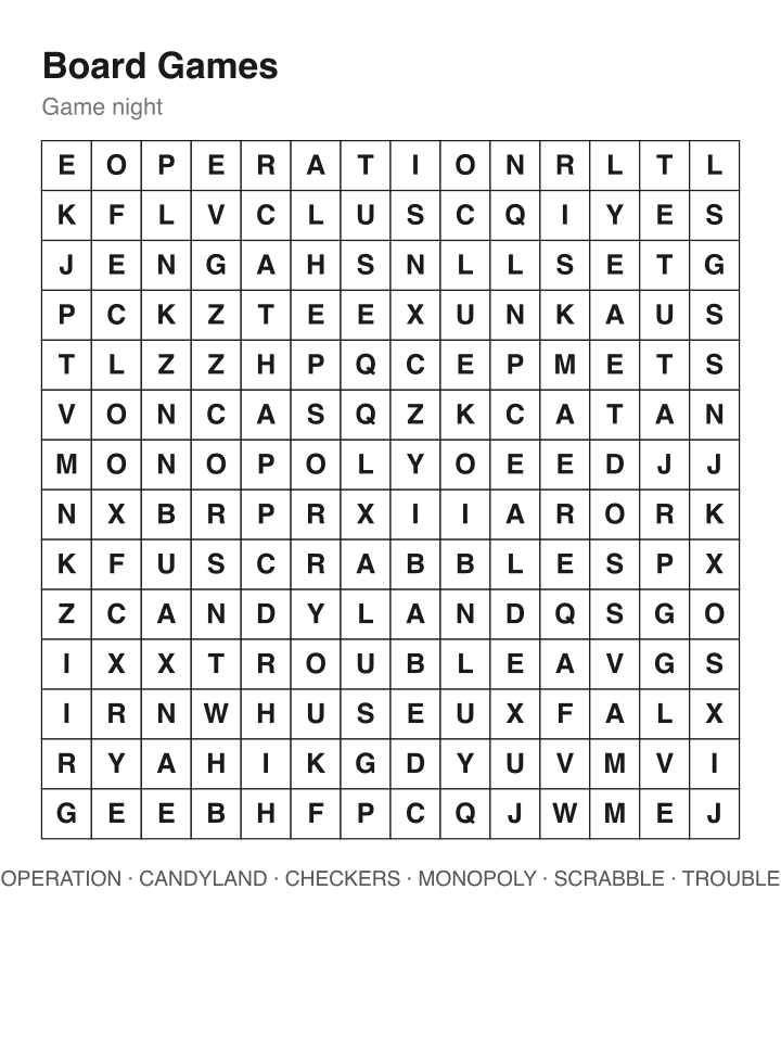 Board Games word search puzzle, 14 by 14 grid