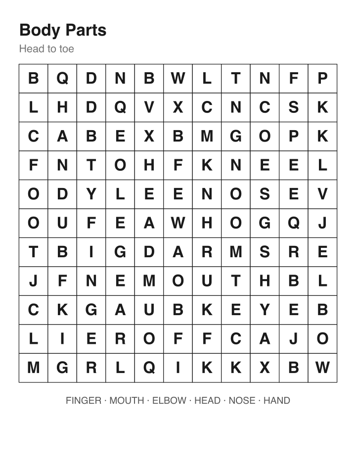 Body Parts word search puzzle, 11 by 11 grid
