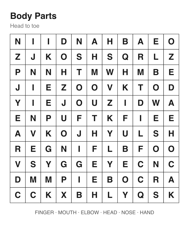 Body Parts Word Search · Hard