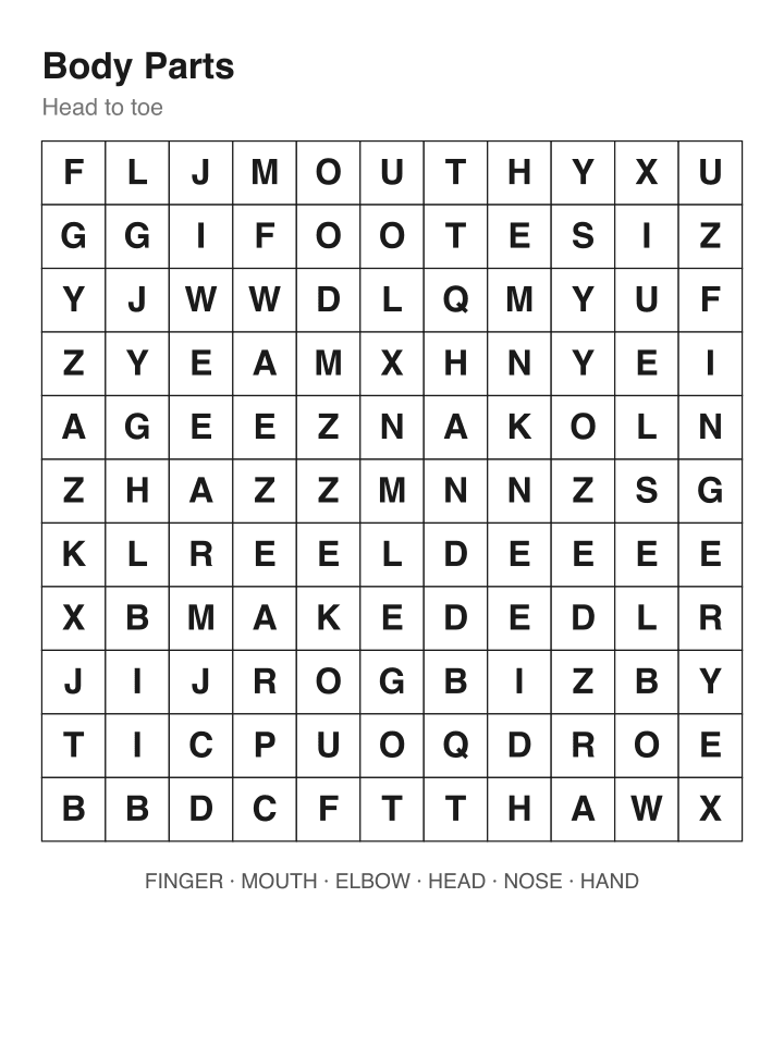 Body Parts word search puzzle, 11 by 11 grid