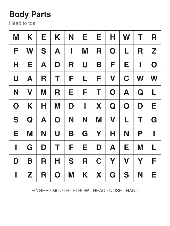 Body Parts word search puzzle, 11 by 11 grid