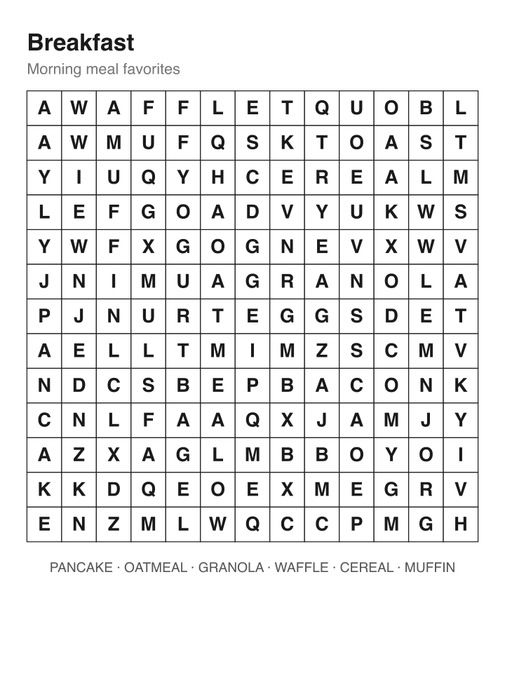 Breakfast word search puzzle, 13 by 13 grid